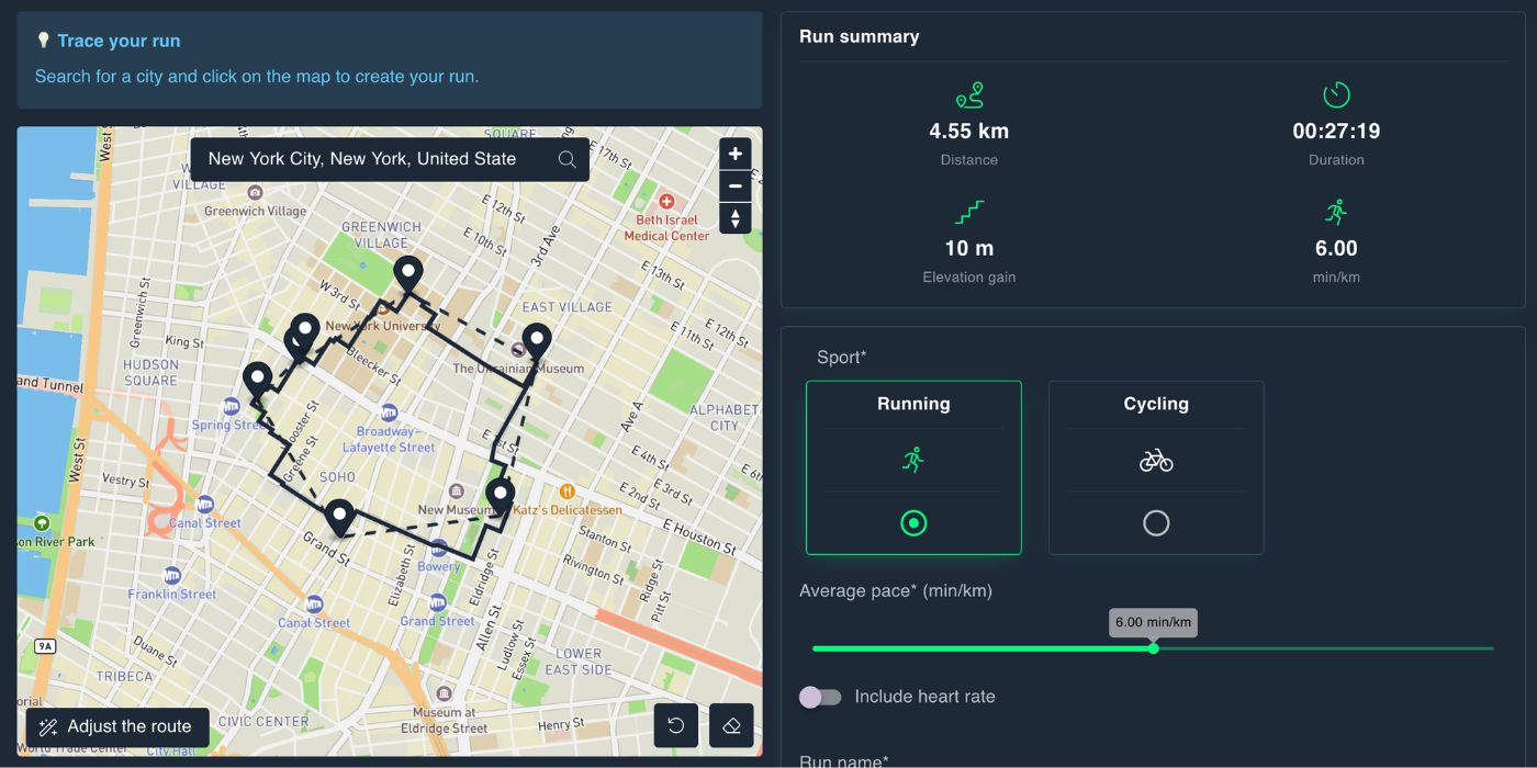 SimuRun interface showing a New York City route on map — fake Strava generator creating a realistic GPX run, fake Strava generator. 