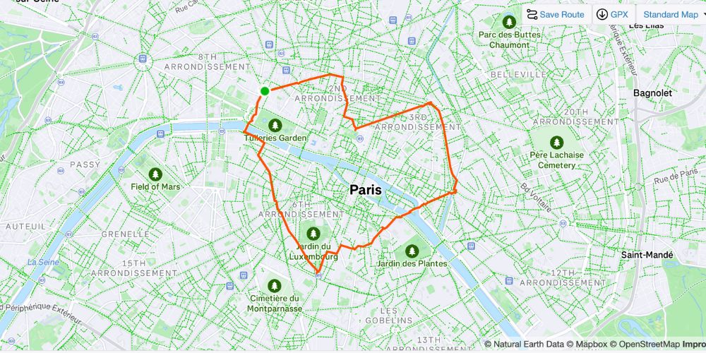 apa de un fake run Strava con forma de corazón en París — ejemplo creado con SimuRun