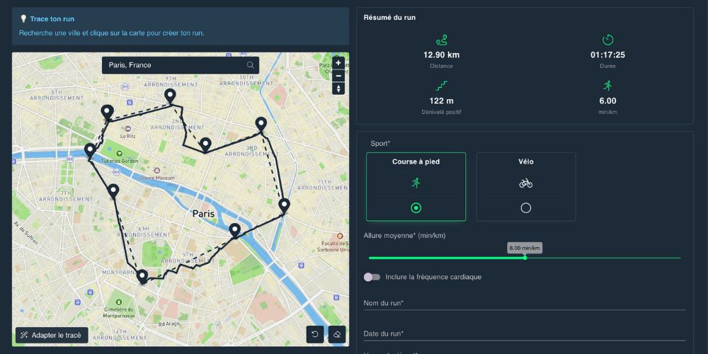 Interface SimuRun pour créer un fichier GPX et simuler une fausse course Strava