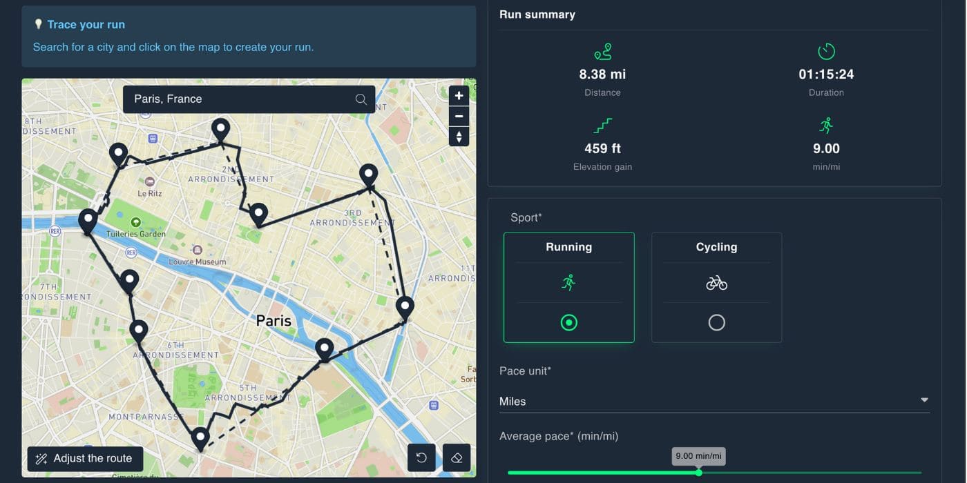 SimuRun interface showing how to create a fake Strava pace route in Paris